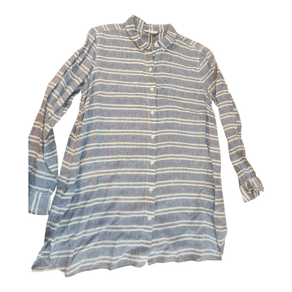 Garnet Hill 100% Linen womens top sz small petite button up tunic blue white - Picture 1 of 11
